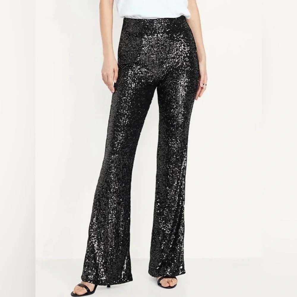 Old Navy XXL Black Sequin Extra High-Rise Flare Pants Full-Length 2XL Cocktail